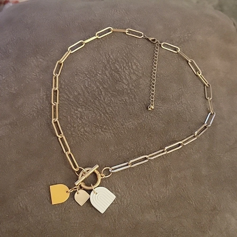 3/$30 Matte Goldtone Paperclip Link Toggle Rainbow Charm Necklace